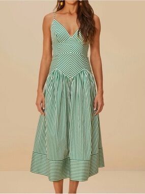 FARM Rio Green Stripe V-Neck Midi Dress
